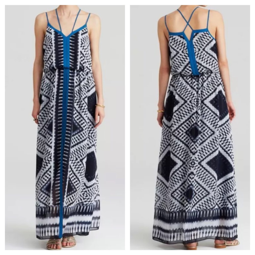 Adrianna Papell Ikat Print Maxi Dress Navy Blue Ivory White S 4 6 New